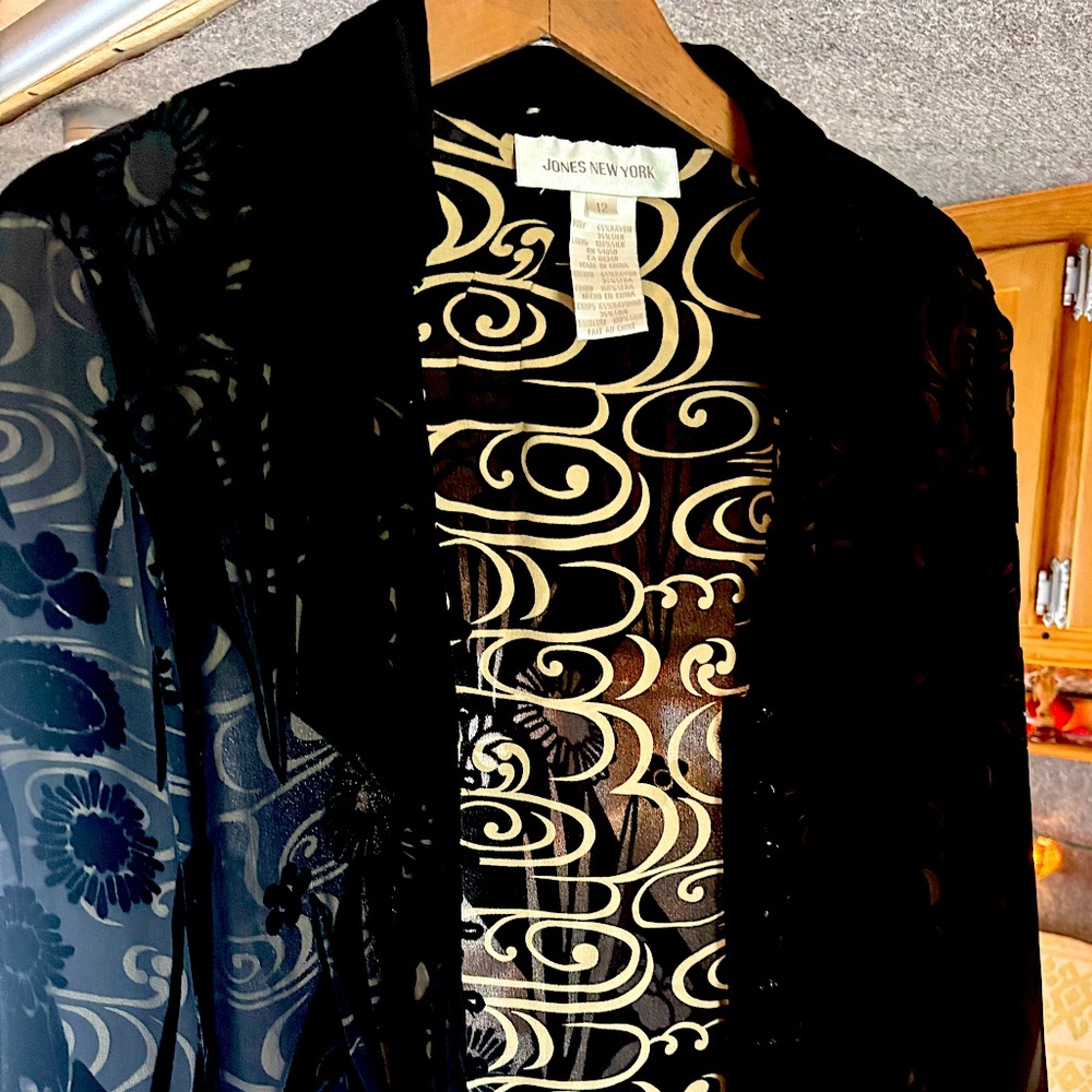 Jones New York Black and Gold Sheer Silk Cut Velvet Evening Blouse